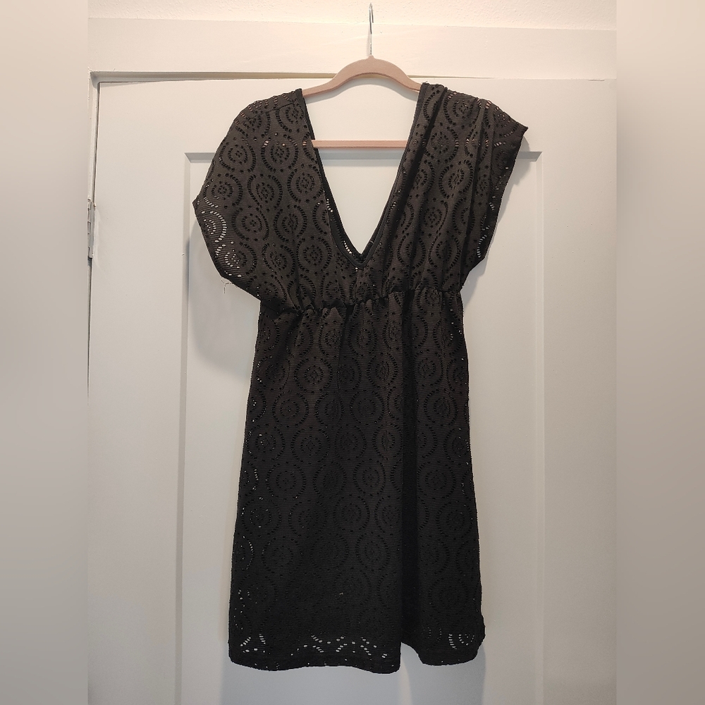Black Eyelet V-Neck Swim Cover-Up Dress - Women